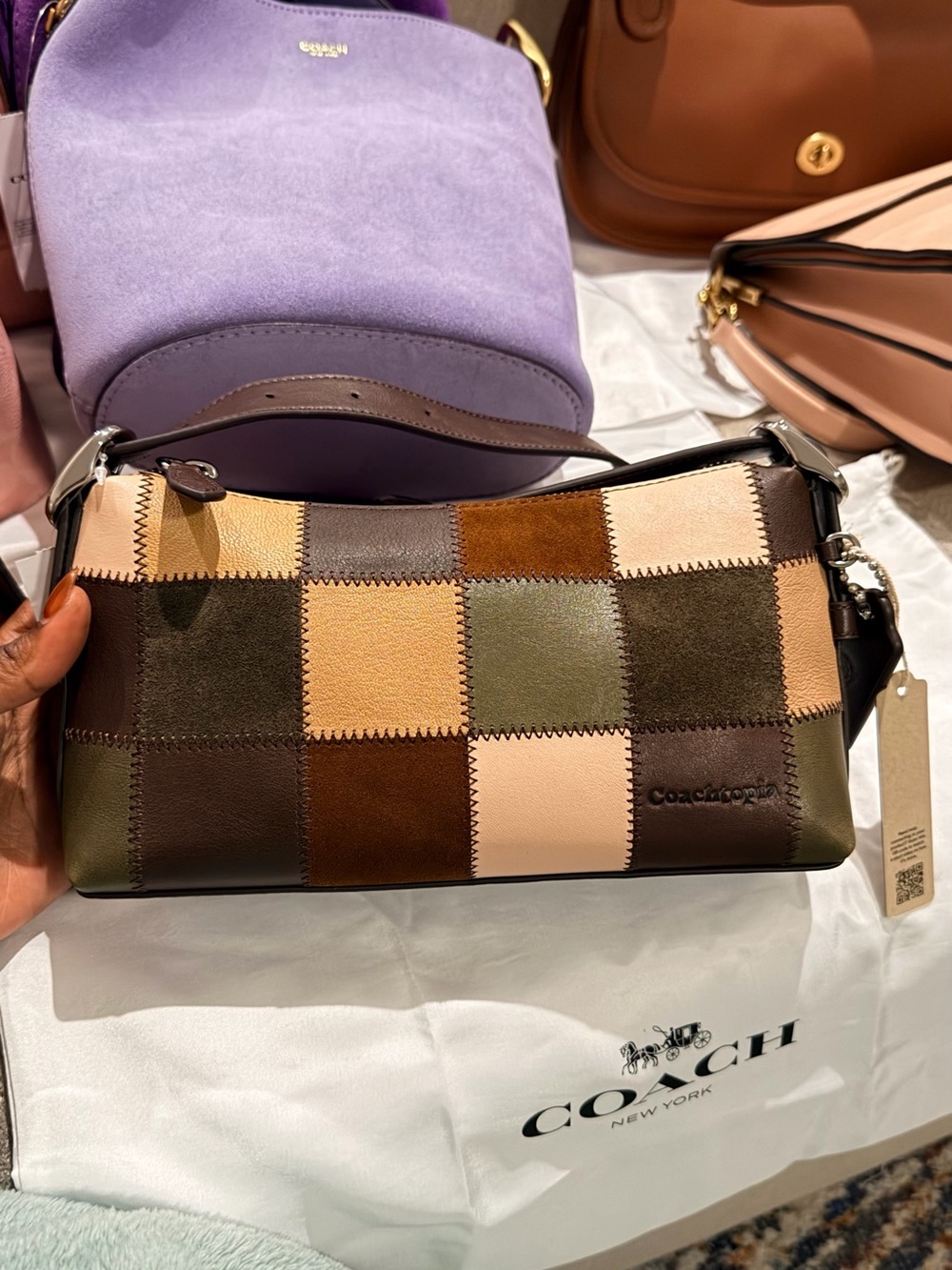 Coach Patchwork Leather Shoulder Bag - Brown, Tan, Olive, Cream